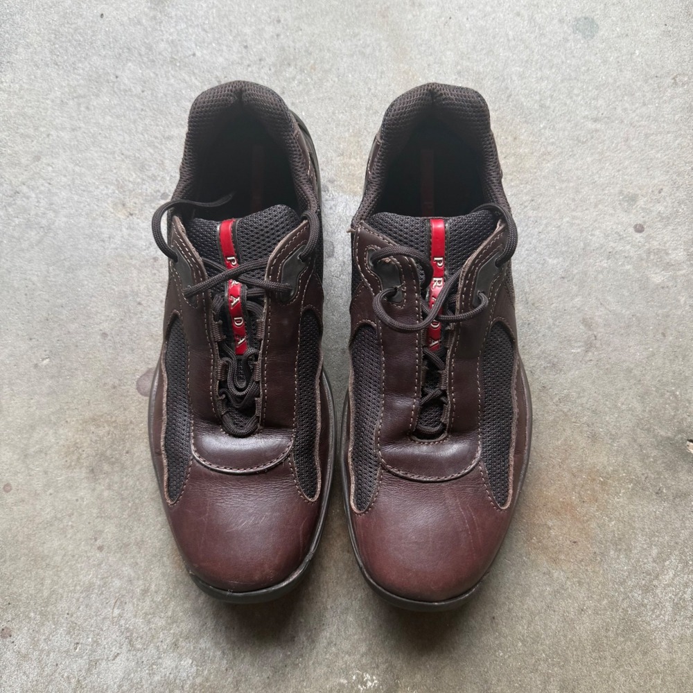 Prada Americas Cup Skiskolar Brown Leather Sneakers Mens 9